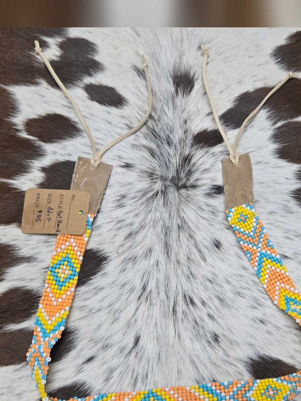 Handmade Beaded Hat Band- Orange, Yellow, White, Tan, & Blue